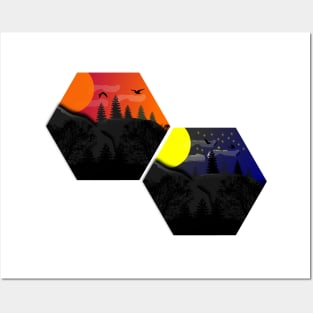 Sunset and starry night in hexagon vector art, aesthetic geometric design Posters and Art